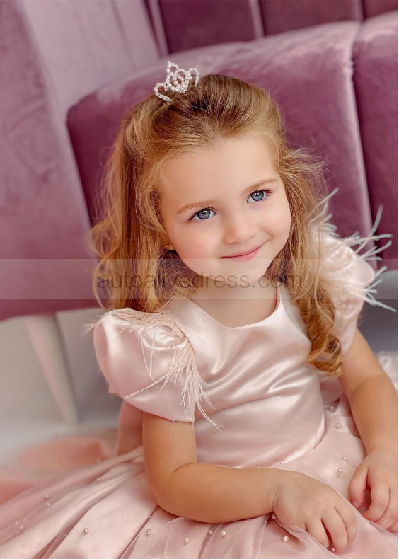 Blush Satin Feather Pearl Beaded Flower Girl Dress